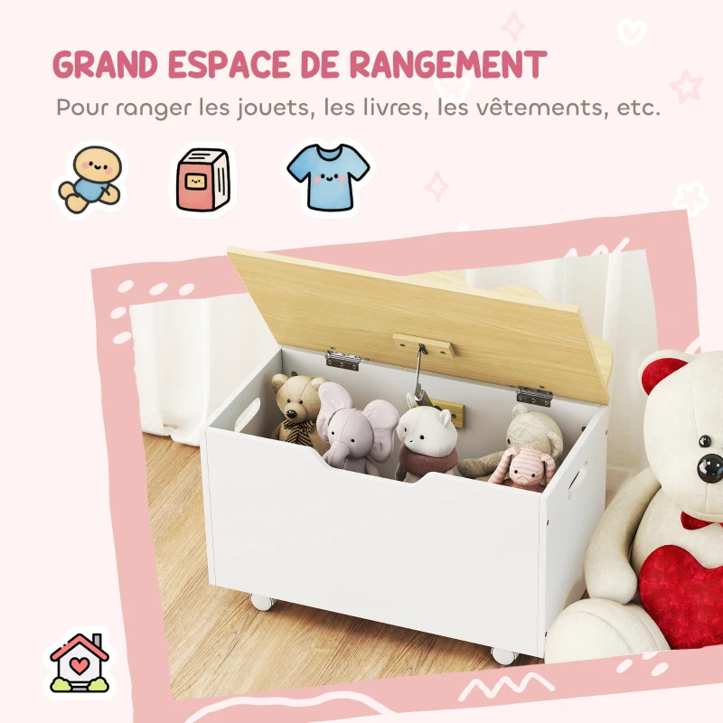 AIYAPLAY Coffre à jouet enfant sur roulettes, coffre de rangement enfant avec couvercle rabattable, 59 x 30 x 53 cm, blanc
