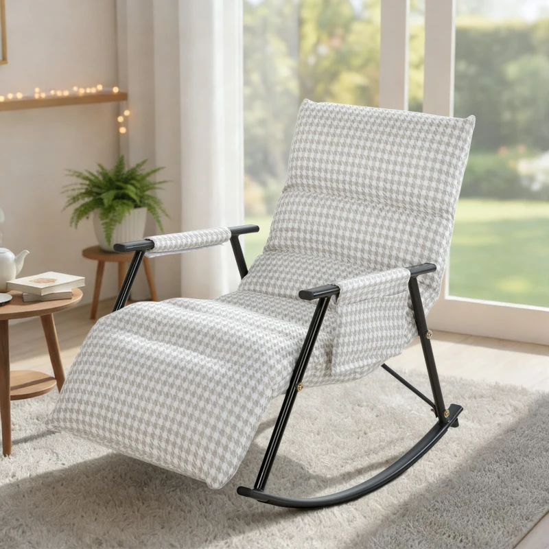HOMCOM Poltrona Baloiço com Encosto e Apoia-Pés Ajustáveis 105° Estofada em Linho com Bolso Lateral Cinzento e Branco