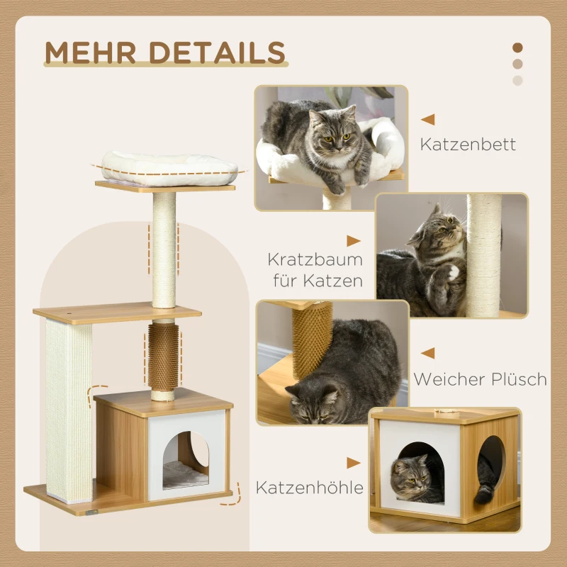 PawHut Kratzbaum Katzenbaum Katzenhöhle, 1 Katzenbett, 1 Liegefläche, 59,5 cm x 39,5 cm x 114 cm, Braun + Weiß