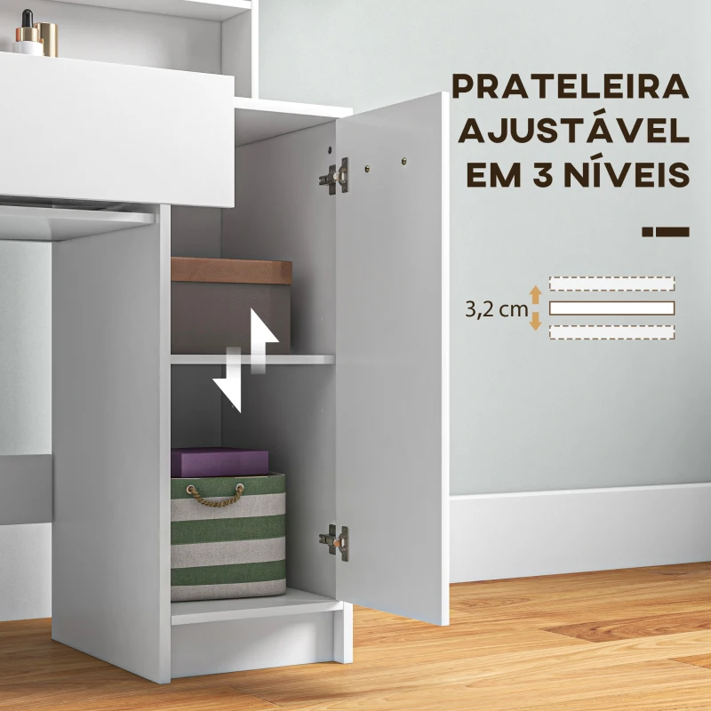 HOMCOM Toucador de Maquilhagem com Banco Mesa de Maquilhagem com Espelho Prateleiras e Gaveta 80x40x132 cm Branco e Bege