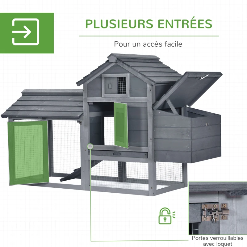 PawHut Petit poulailler cottage cage à poules sur pied dim. 150,5L x 54l x 87H cm multi-équipement bois massif de sapin