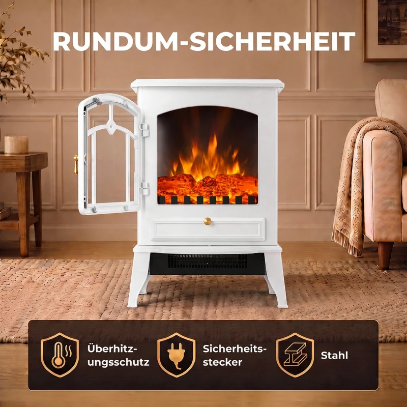 HOMCOM Elektrokamin freistehend mit 3-Seiten-Panorama, elektrischer Kamin, 39x24x57 cm Weiß