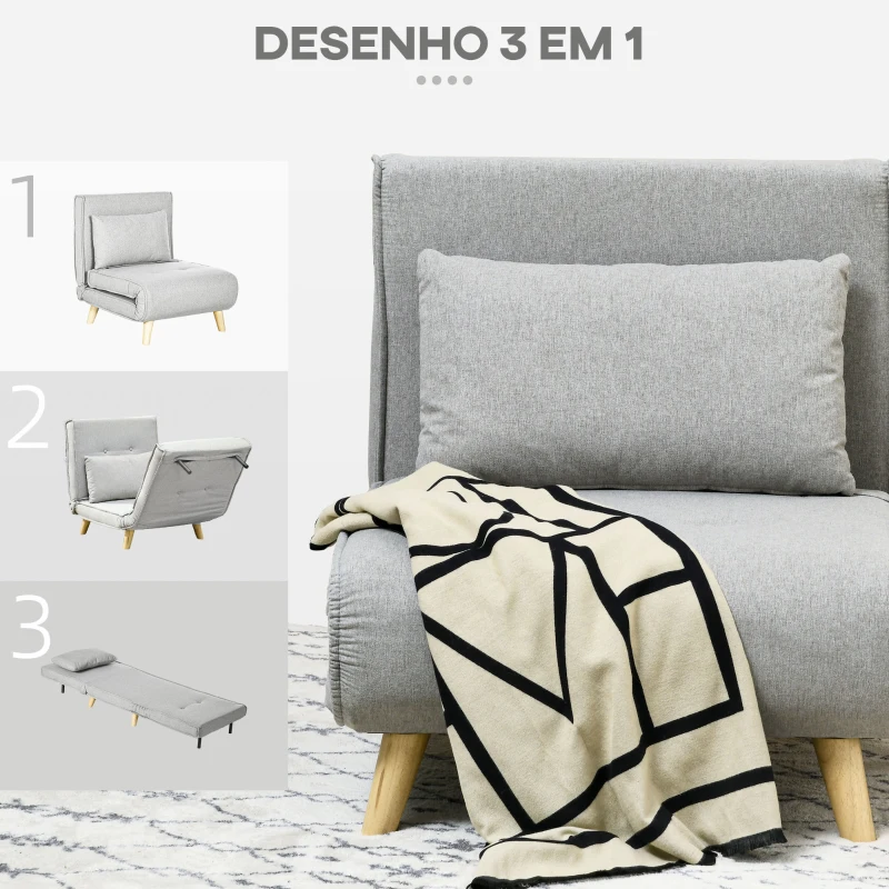 HOMCOM Poltrona 2 em 1 Sofá Cama Individual Dobrável com Encosto Ajustável e Almofada Carga 150 kg 72x78x79 cm Cinza