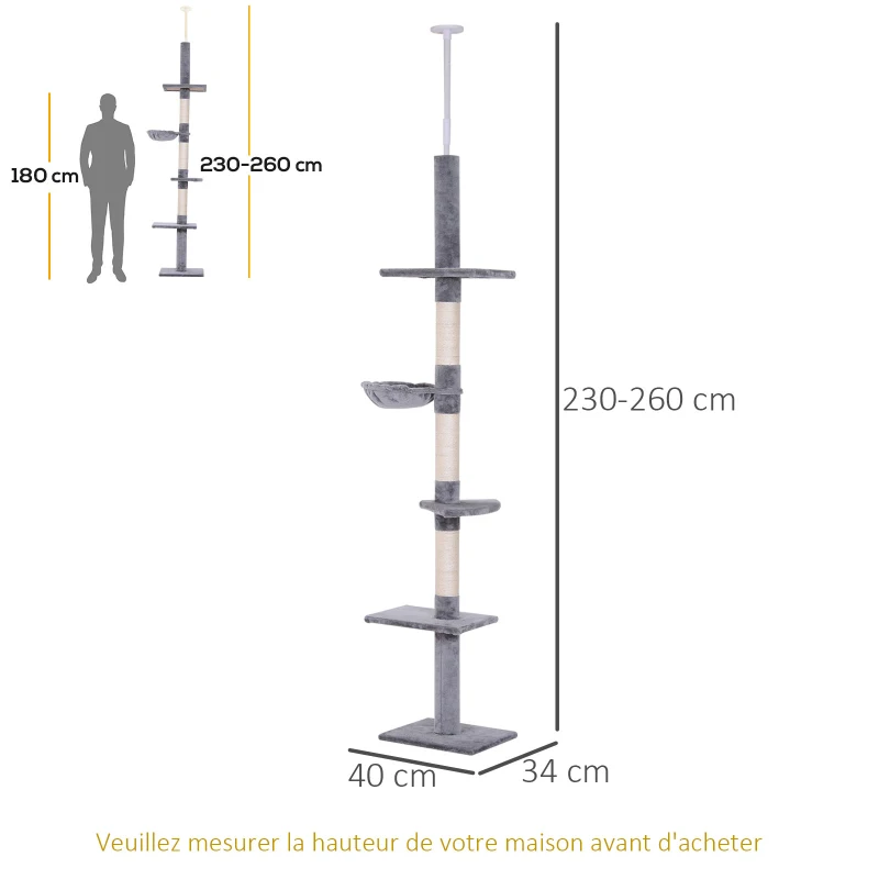 PawHut Arbre chat du sol au plafond poteau à griffer L40 x l 34 x H 230-260 cm 5 niveaux d'activités gris