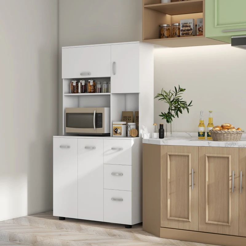 HOMCOM Armoire de cuisine multi-rangements 4 portes 3 tiroirs étagère + grand plateau 89L x 39,5l x 168H cm blanc