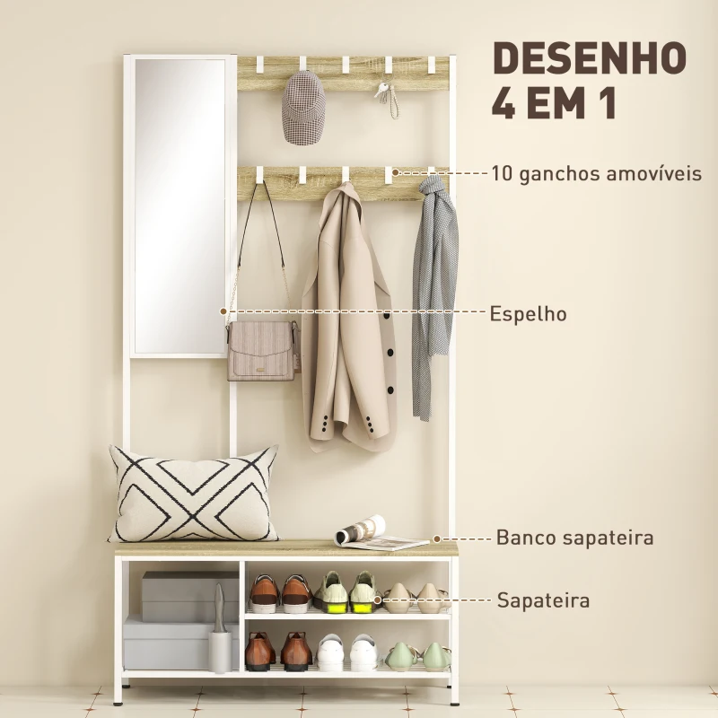 HOMCOM Móvel Cabide de Entrada com Espelho e Sapateira 4 em 1 com 3 Prateleiras Banco 10 Ganchos 98x34x186 cm Madeira
