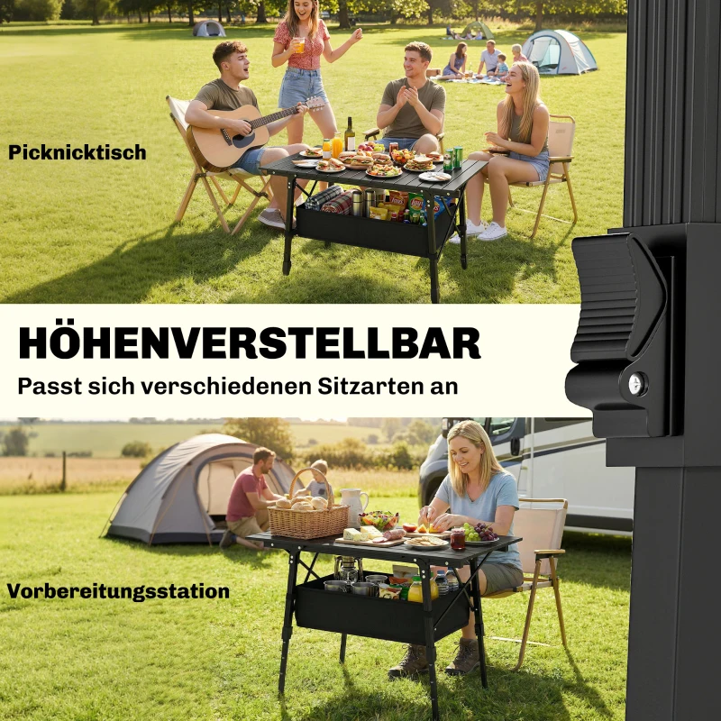 Outsunny Campingtisch mit Aufbewahrungskorb, höhenverstellbar, faltbar, Aluminium, Schwarz