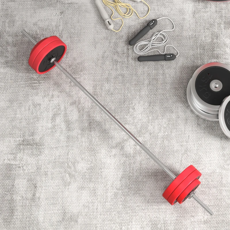 SPORTNOW Set Halteră și Discuri de 30 kg, cu 6 Greutăți și 2 Piulițe, din Metal, PU și Nisip, 170x26x26 cm, Roșu