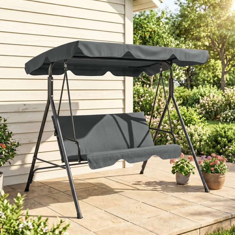 Outsunny Baloiço de Jardim de 3 Lugares com Almofada Toldo Ajustável e Estrutura de Aço para Balcão Terraço 172x110x153 cm Cinza