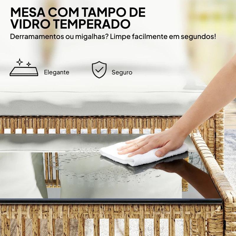 Outsunny Conjunto de Jardim Exterior em Vime com 1 Sofá de 2 Lugares 1 Chaise Longue e 1 Mesa de Centro com Tampo de Vidro Creme