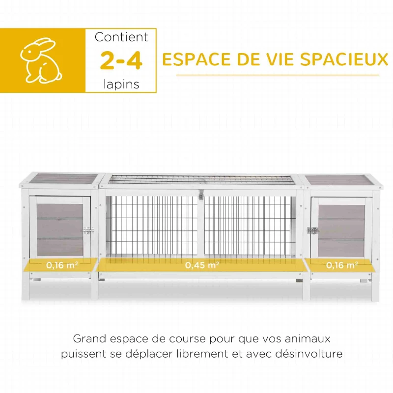 PawHut Cage lapin clapier lapin bac amovible 2 portes pieds surélevés grillage en acier 161 x 50,5 x 53,3 cm blanc et gris