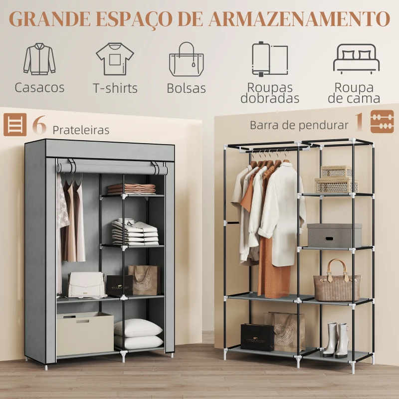 HOMCOM Roupeiro de Tecido Dobrável com 6 Prateleiras e 1 Barra de Pendurar para Dormitório Vestidor 103x43x162,5cm Cinza