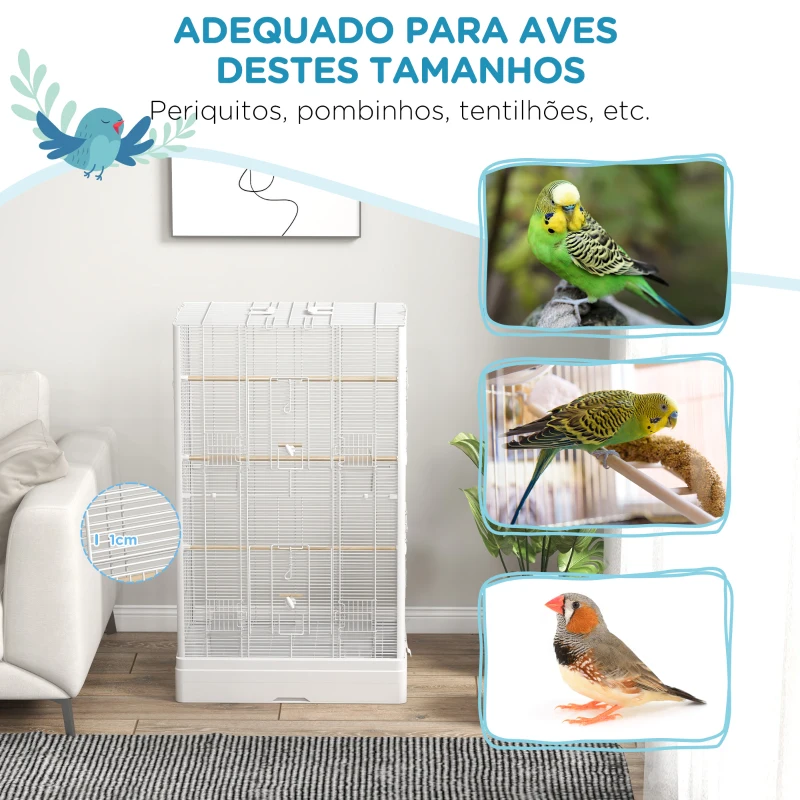 PawHut Gaiola para Pássaros 61x36,5x98 cm com Portas Poleiros Bandeja Removível e Alças para Canários Periquitos Branco