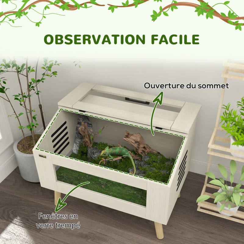 PawHut Terrarium pour reptiles, vivarium pour serpents 111L avec fenêtres en verre trempé, couvercle, 80 x 50 x 60 cm
