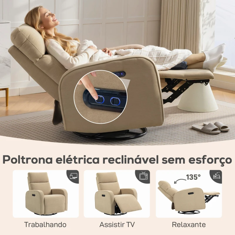 HOMCOM Poltrona Relax Reclinável Elétrica com Duplo Motor Giratória e Baloiço com Encosto de Cabeça Ajustável Portos USB e USB-C Bege