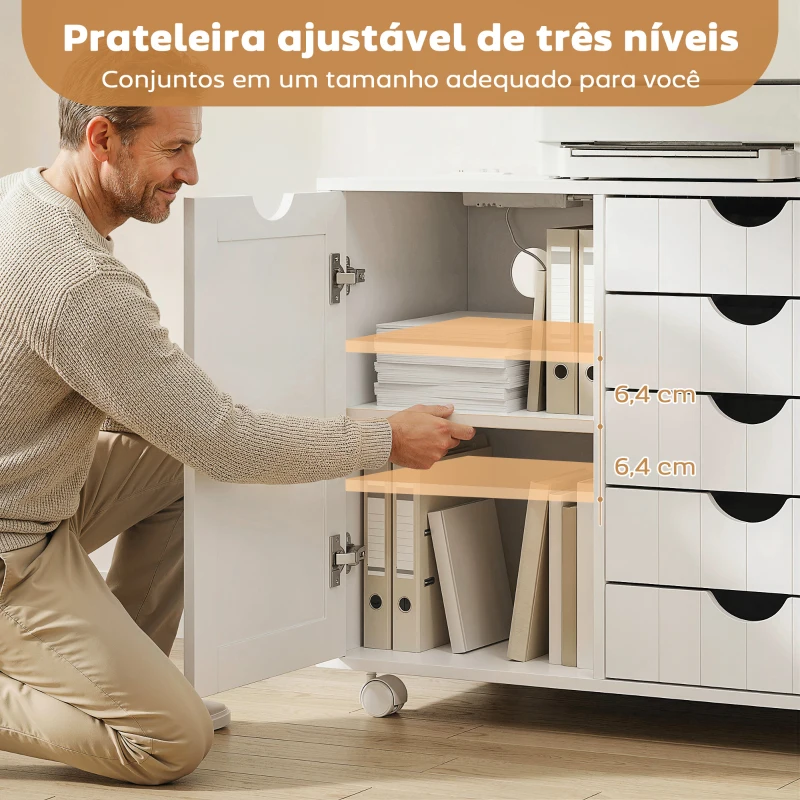 HOMCOM Móvel para Impressora com Estação de Carga e Rodas 5 Gavetas Portas USB Prateleira Ajustável Branco