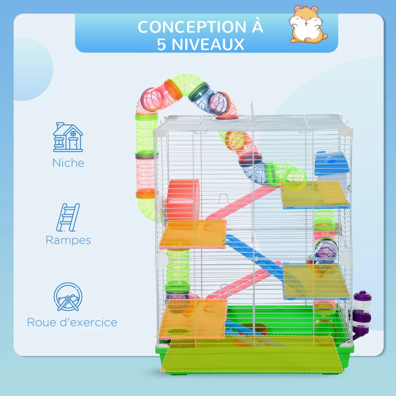 PawHut Cage pour hamster et gerbille à 5 étages, habitat sécurisé en grillage métallique avec tunnels, roue, maison et échelles, 46 x 30 x 58 cm, vert(m-6)