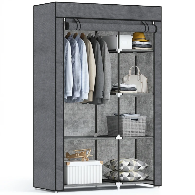 HOMCOM Schrank aus Stoff, Aufbewahrungslösung, 6 Regale, 1 Kleiderstange, Dunkelgrau(m-12)