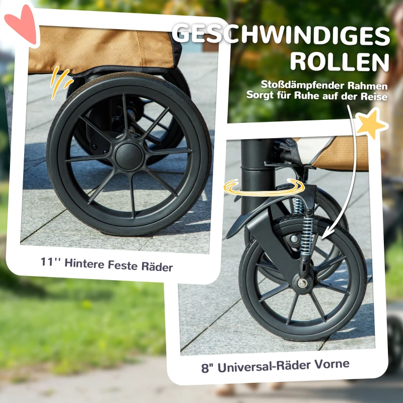 PawHut Hundewagen, Faltbarer Hundebuggy für mittelgroße Hunde, Haustierwagen mit 4 Rädern, Sicherheitsleinen, Bremsen, Braun
