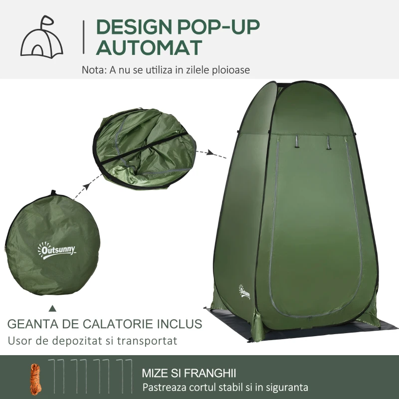 Outsunny Cort de Duș pentru Camping și Plajă cu Ușă cu Fermoar și Geantă de Transport, 126x124x189 cm, Verde Închis