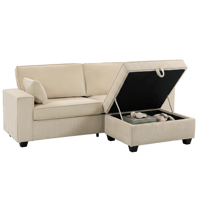 HOMCOM Ecksofa 216 cm 3-Sitzer L-Form Sofa mit Umkehrbarem Aufbwahrungshocker, Cord-Optik, Breiter Sitzfläche, für Wohnzimmer