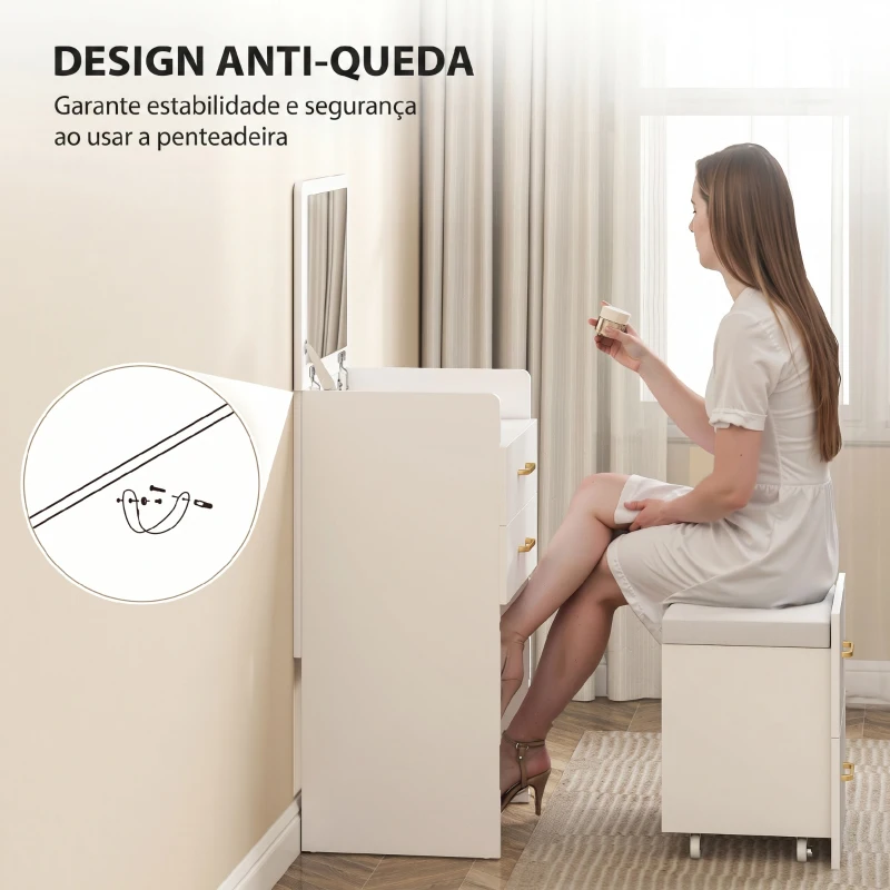 HOMCOM Toucador de Maquilhagem 3 em 1 com Banco Mesa de Maquilhagem com Espelho Gavetas e Bancada de Vidro Visível Toucador Moderno para Quarto 48x40x90 cm Branco