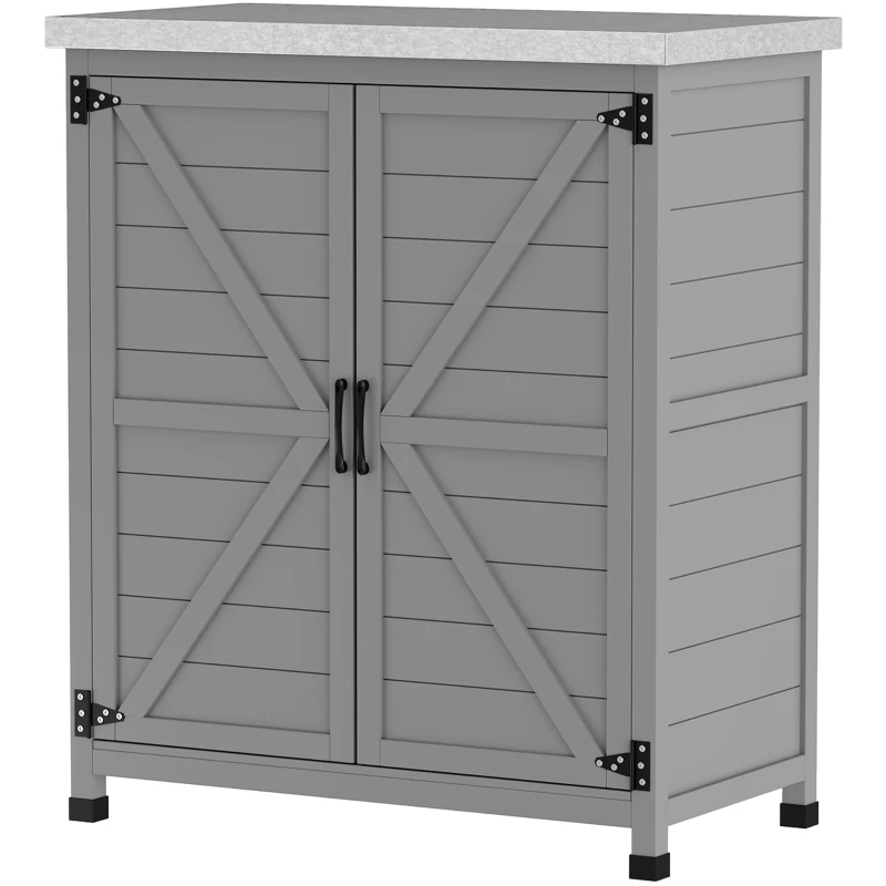 Outsunny Armário de Exterior em Madeira com Tampo de Aço Galvanizado Prateleira 2 Portas  para Armazenamento de Ferramentas 79x43x92 cm Cinza