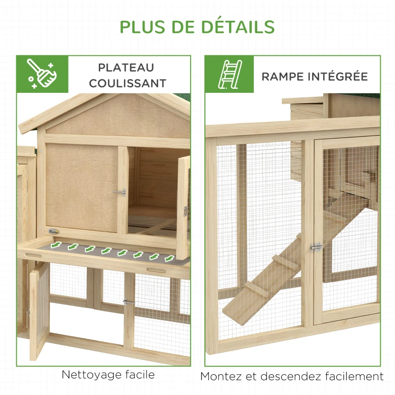 PawHut Poulailler clapier modèle chalet multi-équipé : rampes, nichoirs, plateau, en bois massif 204 x 85 x 93 cm bois naturel