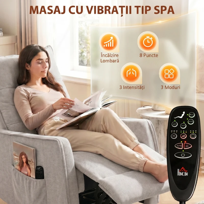 HOMCOM Fotoliu Masaj Reclinabil cu Încălzire Rotativ din Chenille cu Suport pentru Picioare și Telecomandă, Gri Deschis