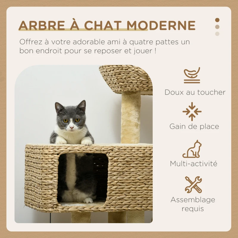 PawHut Arbre à chat avec griffoir niche panier d'observation plateformes pompon suspendus 60 x 40 x 98 cm beige