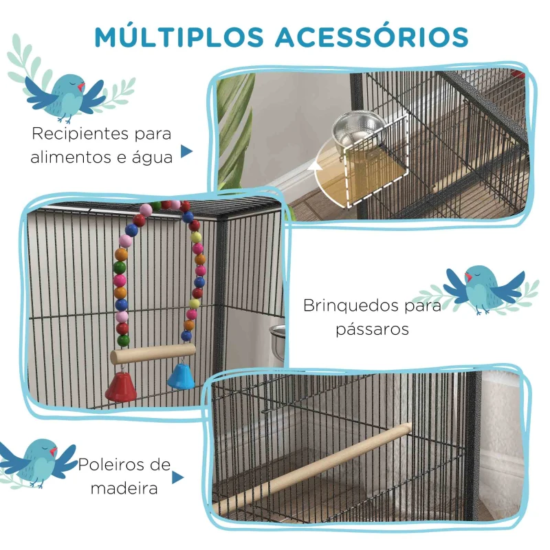 PawHut Gaiola para Pássaros com Rodas, Alimentadores, Poleiros, Baloiço, Prateleira e Bandeja Removível 48x46x78 cm Cinzento