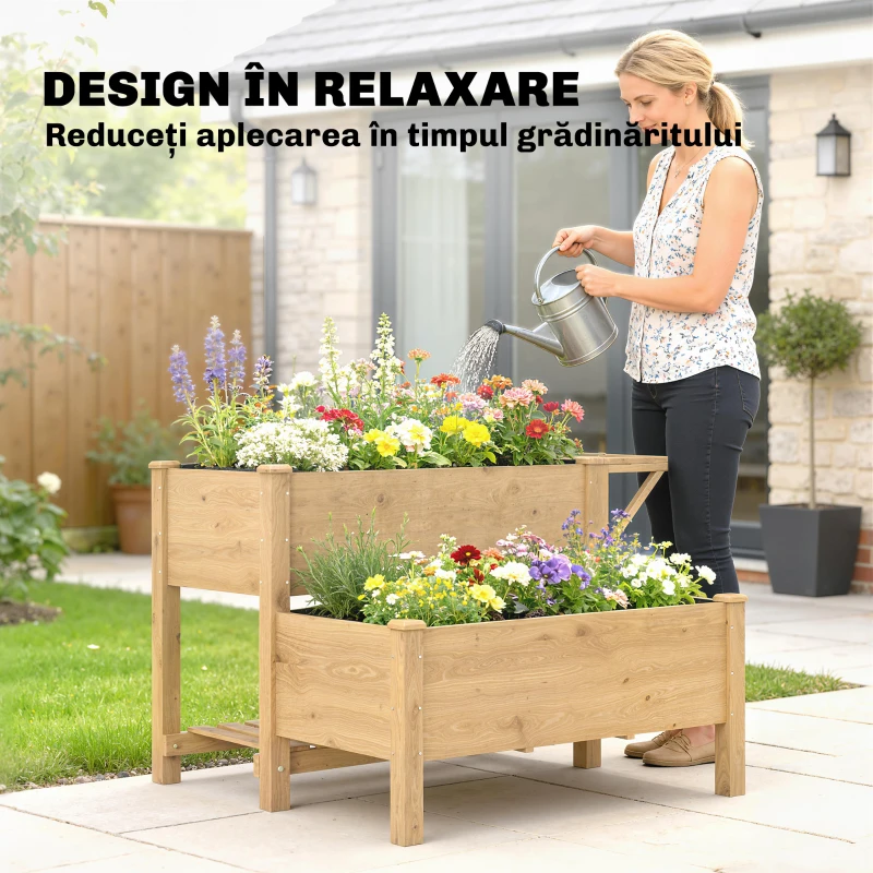 Outsunny Jardinieră Înălțată pe 2 Niveluri cu Rafturi din Lemn, 119,5x102x76,5cm, Maro