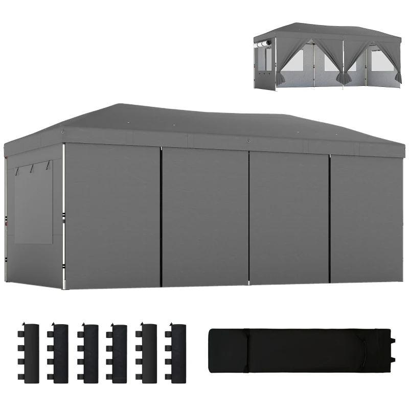 Outsunny Foișor Pliabil 3x6m Pop-Up cu 6 Pereți Laterali, Foișor de Grădină Reglabil pe Înălțime cu Saci de Nisip, Geantă cu Roți, UV50+ pentru Exterior, Gri Închis