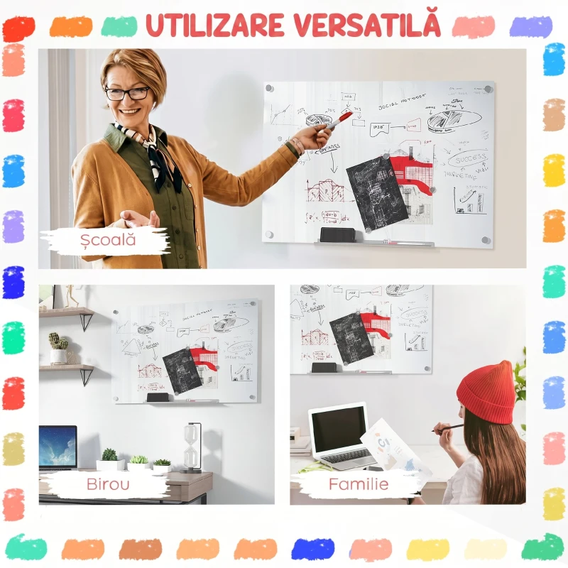 Vinsetto Tablă albă din sticlă și aluminiu cu 4 markere colorate și burete ștergător, 90x60x0,4 cm