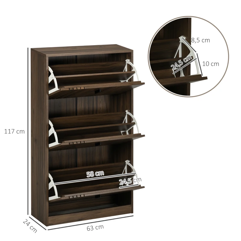 HOMCOM Meuble à chaussures à 3 abattants 18 paires grande capacité pour entrée couloir salon 63 x 24 x 117 cm noyer foncé