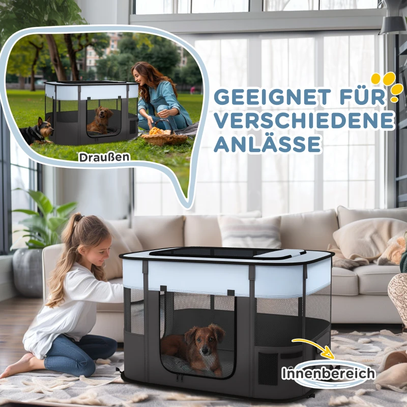 PawHut Spielgehege für Haustiere, faltbar, mit Aufbewahrungstasche, für Welpen und Kätzchen, drinnen und draußen, Grau(m-7)