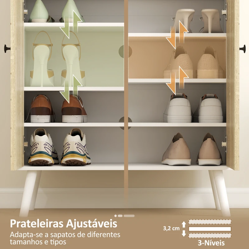 HOMCOM Sapateira de 2 Portas com Design em Espiga Prateleiras Ajustáveis Gaveta para 12 Pares de Sapatos 75x35x97 cm, Branco e Madeira