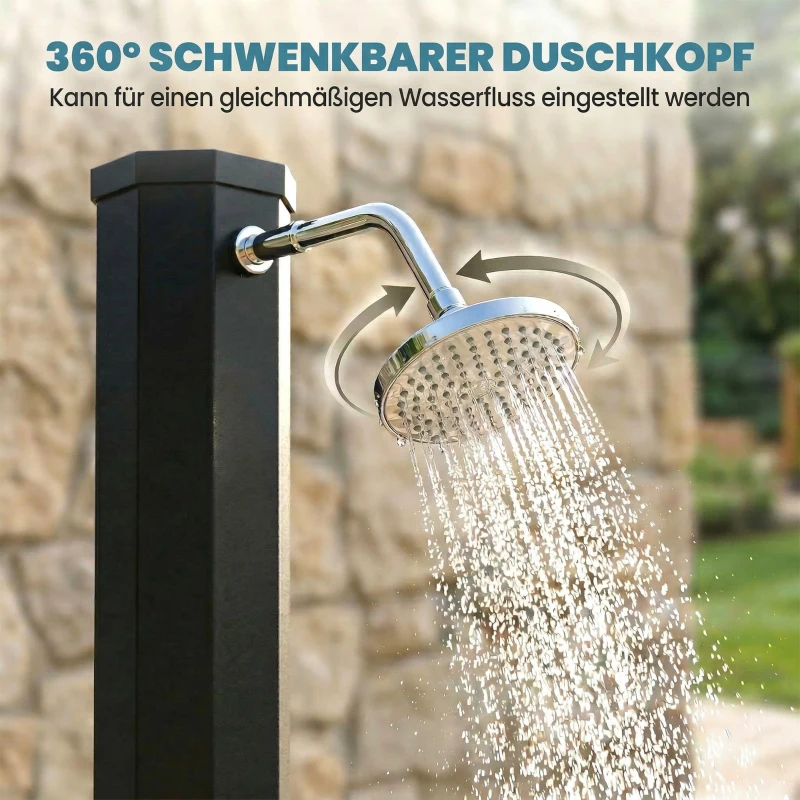 Outsunny Solardusche 60L Gartendusche mit schwenkbarem Regenduschkopf Wasserhahn, einstellbarer Temperatur