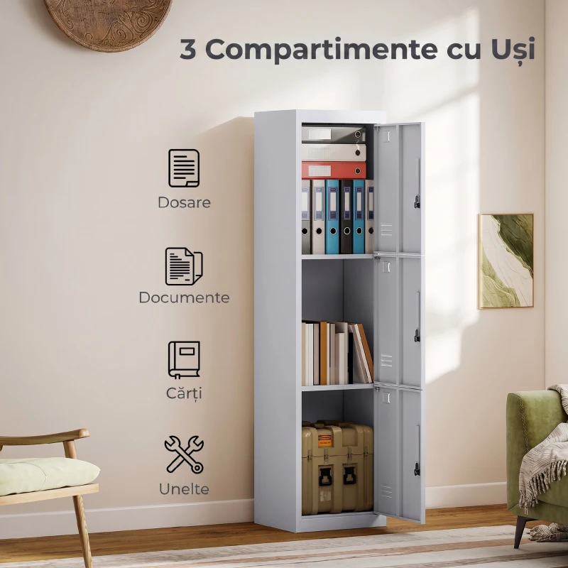 HOMCOM Dulap pentru Birou din Oțel cu 3 Uși Independente și 2 Chei, 45x38x180 cm, Gri Deschis