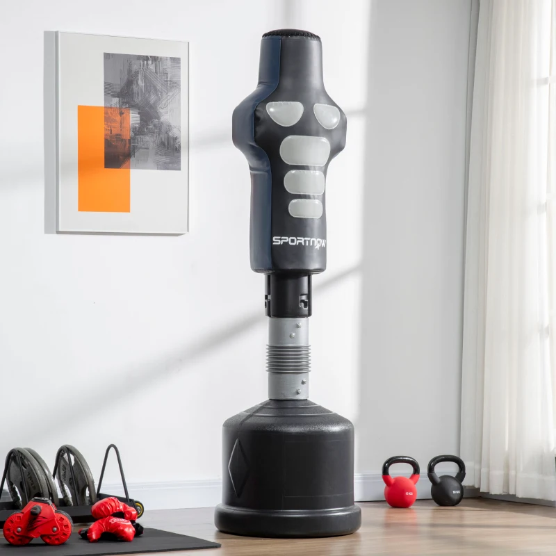 SPORTNOW Boxdummy, freistehend, höhenverstellbar, schwerer Standfuß, Kunstleder, schwarz+grau+blau, 55 x 55 x 178-207 cm