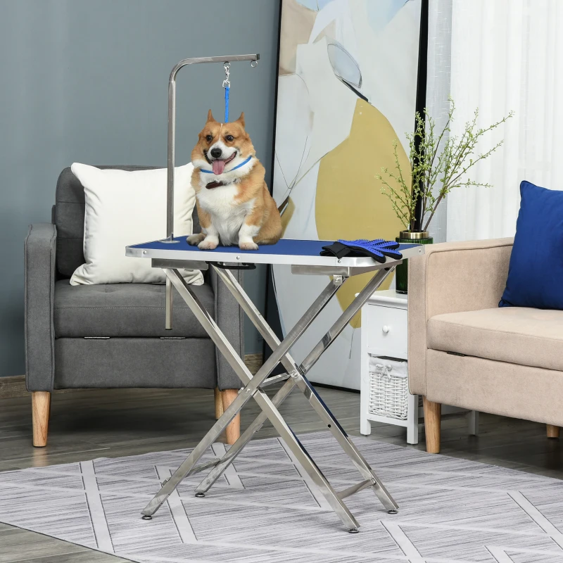 PawHut Mesa de Peluquería para Mascotas con Encimera Antideslizante Patas Plegables Asa y Brazo 72x45x74-81 cm Azul