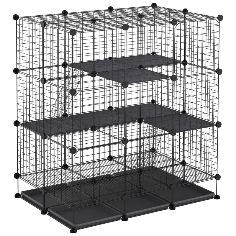 PawHut Cage parc enclos rongeurs modulable dim. L 111 x l 75 x H 119 cm 3 niveaux 4 portes fil métallique noir