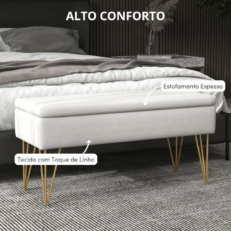 HOMCOM Banco para Pé de Cama Estofado em Tecido Sintético com Pernas de Aço e Assento Acolchoado 100x40x49 cm Creme
