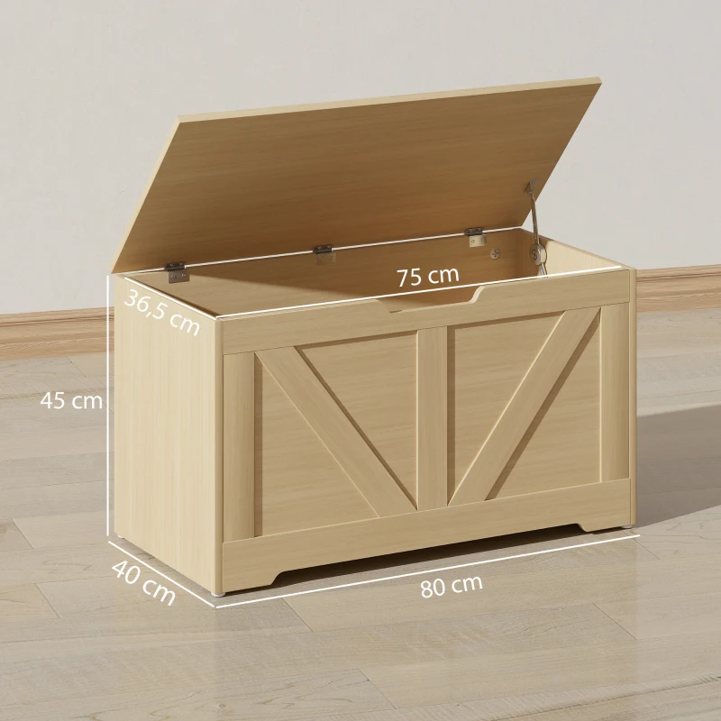 HOMCOM Coffre de rangement, banc de rangement avec couvercle rabattable et charnières de sécurité, 80 x 40 x 45 cm, bois naturel