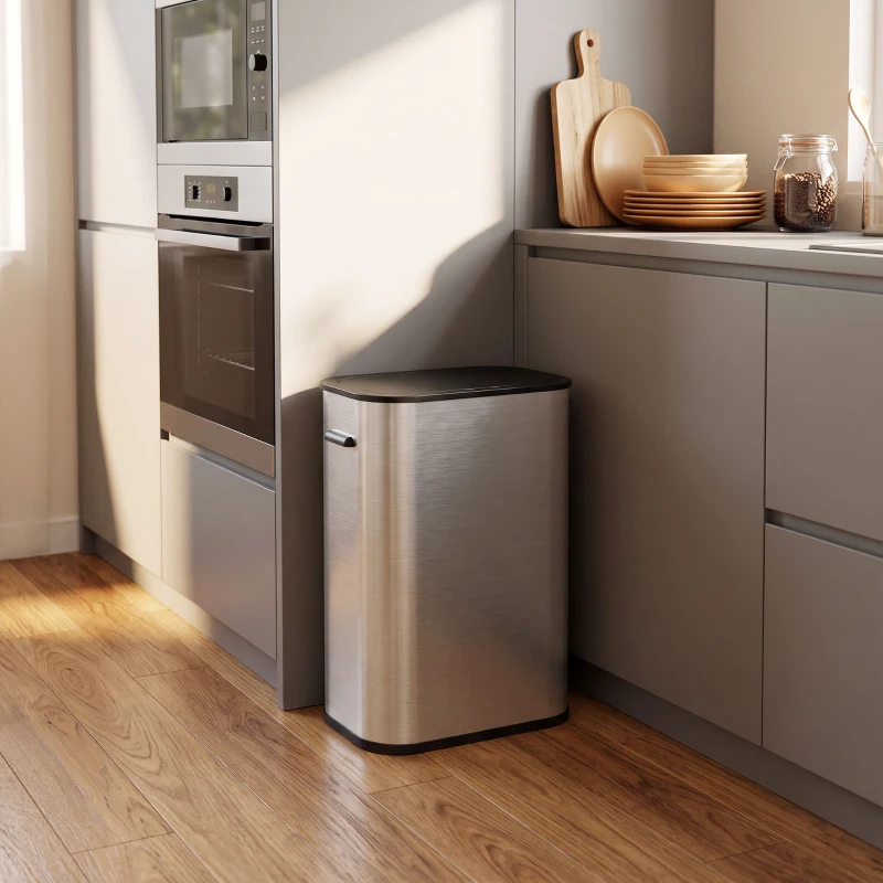 HOMCOM Cubo sensor 55 L para cocina, cubo de basura sin contacto de acero inoxidable, a pilas, Plata