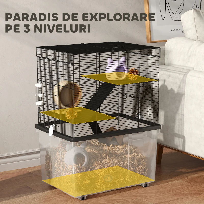 PawHut Cușcă pentru Hamsteri cu 3 Etaje, Roți, 2 Platforme, Rampe, Castron și Sticlă, 58x43x74 cm, Negru
