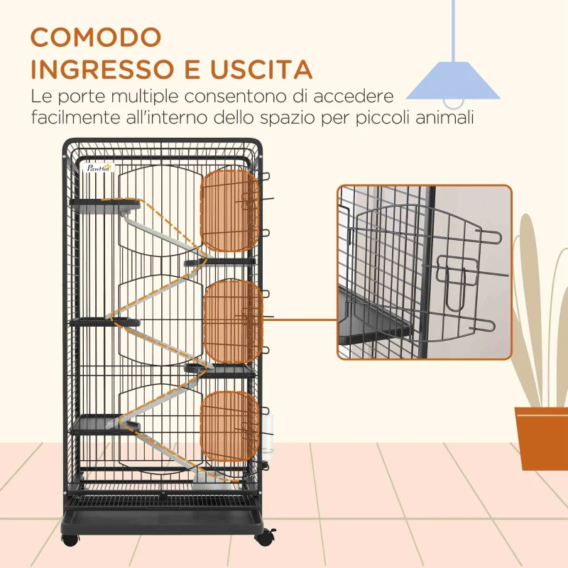 PawHut Gabbia per Piccoli Animali con Ruote, 5 Rampe e 5 Piattaforme, Ciotola e Bottiglia, 61.5x44x131 cm, Nero