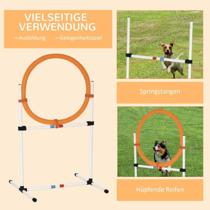 PawHut Agility Sprungring für Hunde, Agility Set Hunde, Agility Ring 2 in 1 Sprungringstange mit Tragetasche Kunststoff 74,5 x 66 x 91 cm Weiß+Orange