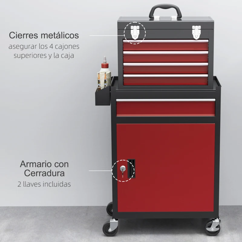 HOMCOM Carro de Herramientas Caja de Herramientas de Acero Carro de Taller con Ruedas Puerta y Cajones para Taller Garaje Rojo