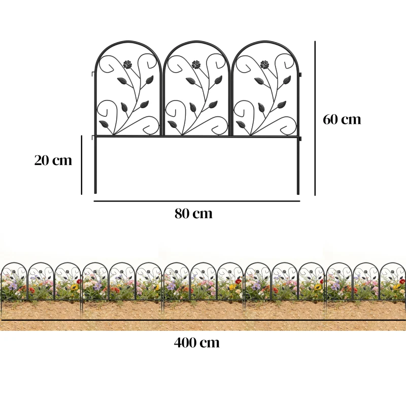 Outsunny Gartenzaun Zaun aus Metall 80 x 60 cm Dekorativer Gitterzaun Set mit Fuß für Garten Blumenbeete Tierbarriere Schwarz